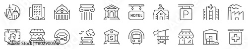 Line icons about city buildings and services, thin line icon set 1/2. Symbol collection in transparent background. Editable vector stroke. 512x512 Pixel Perfect.