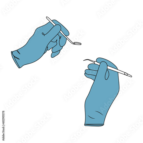Dentist hold instruments in hands of examining patient's tooth. Dental health care. Stomatology concept. Vector illustration.