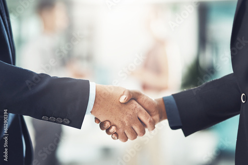 Business people, handshake and meeting for hiring, partnership or deal in b2b agreement at office. Businessman shaking hands for recruitment or corporate growth in teamwork, welcome or introduction