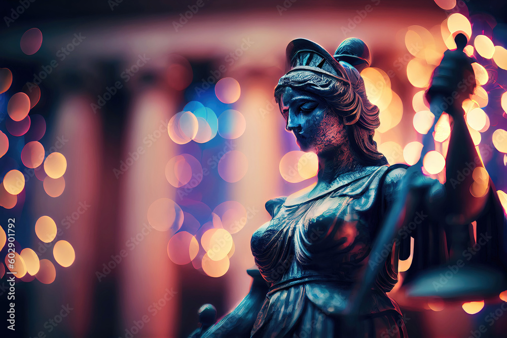 Lady justice sculpture in front of bokeh background (Generative AI)