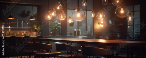 empty brasserie with large table lit by lanterns. Generative Ai. 