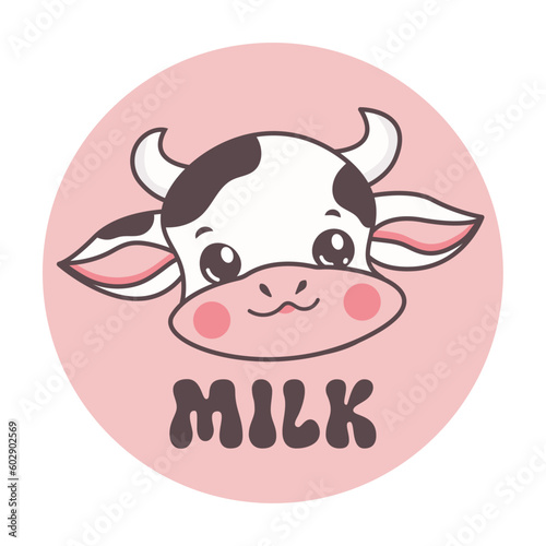 Vector cartoon cute cow character mascot for milk flar style isolated with inscription Cow milk 