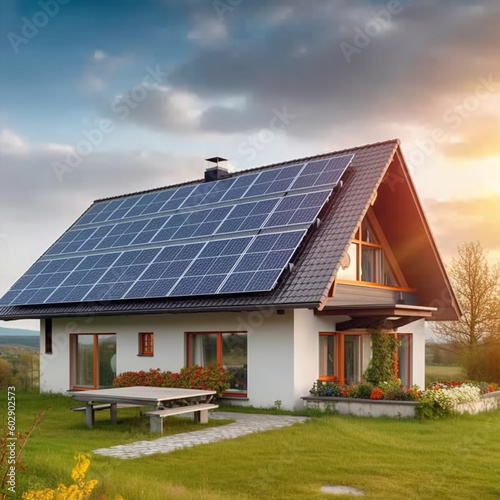 Sustainable house in the country, which provides itself with electricity from photo voltaic panels and wind turbines. Ecological house.