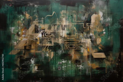 Industrial Elegance A Captivating Fusion of Collages  Paint  and Green-Sepia Palette on a Grand Canvas AI generated