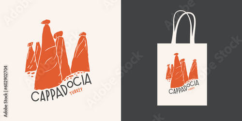 Stone pillars of Cappadocia. Popular tourist sight. Design element for shopper-bags and other souvenirs. Final illustration isolated.