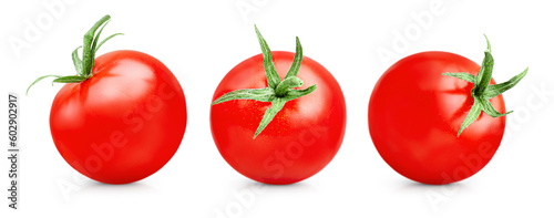three cherry tomatoes in a row on a white isolated background