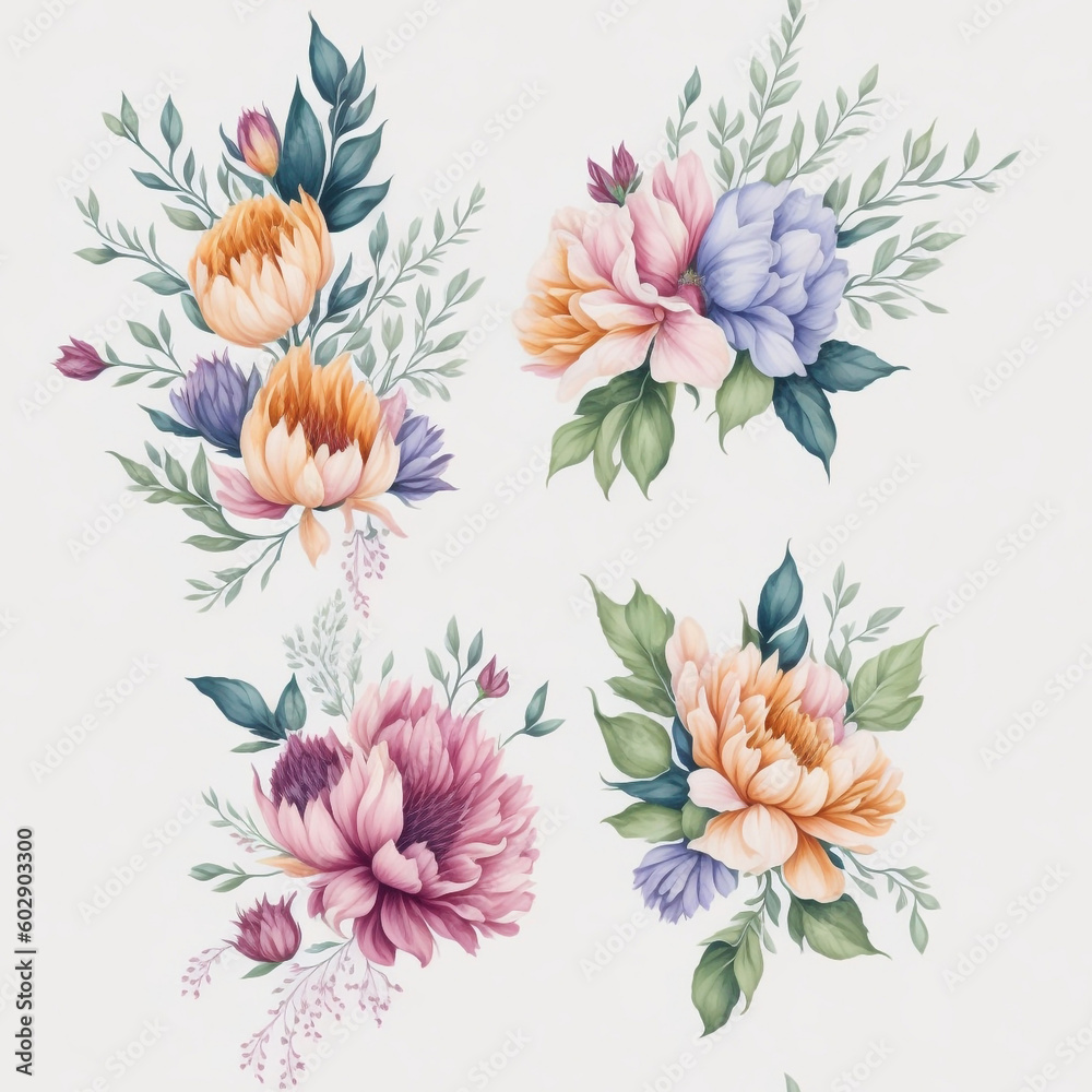 the 3 colorful watercolor floral clipart with white background isolated