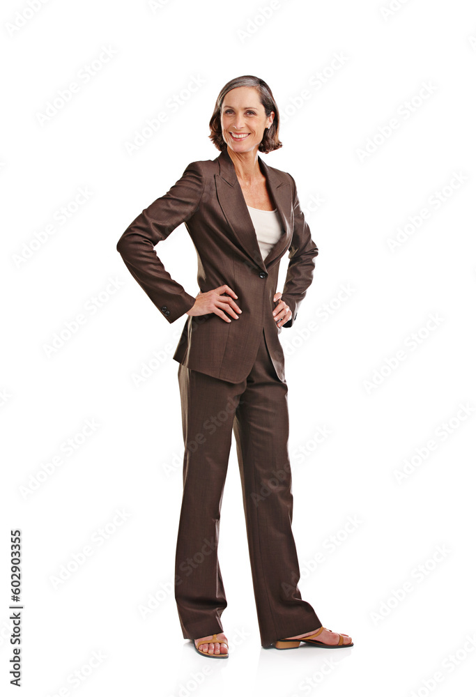Portrait, business woman and happy akimbo in studio isolated on a white background. Motivated, boss and mature female ceo, professional and executive from Australia with smile for confidence mindset. Portrait, business woman and happy akimbo in studio isolated on a white background. Motivated, boss and mature female ceo, professional and executive from Australia with smile for confidence mindset.