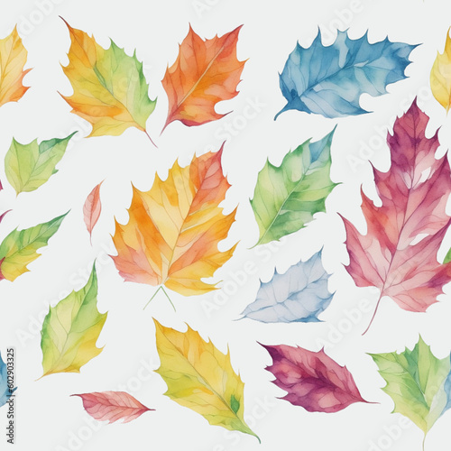 the pattern of colorful watercolor leaves isolated with white background