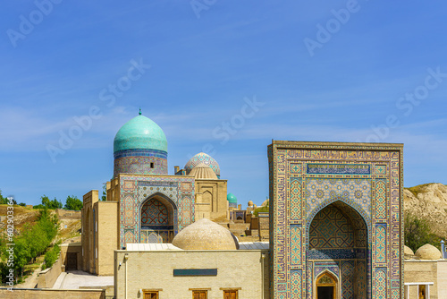 Samarkand, Uzbekistan - April 27, 2023: The ancient mausoleum of Shakh-I-Zinda, the Tomb of living king, during the reign of Amir Temur in Samarkand. photo