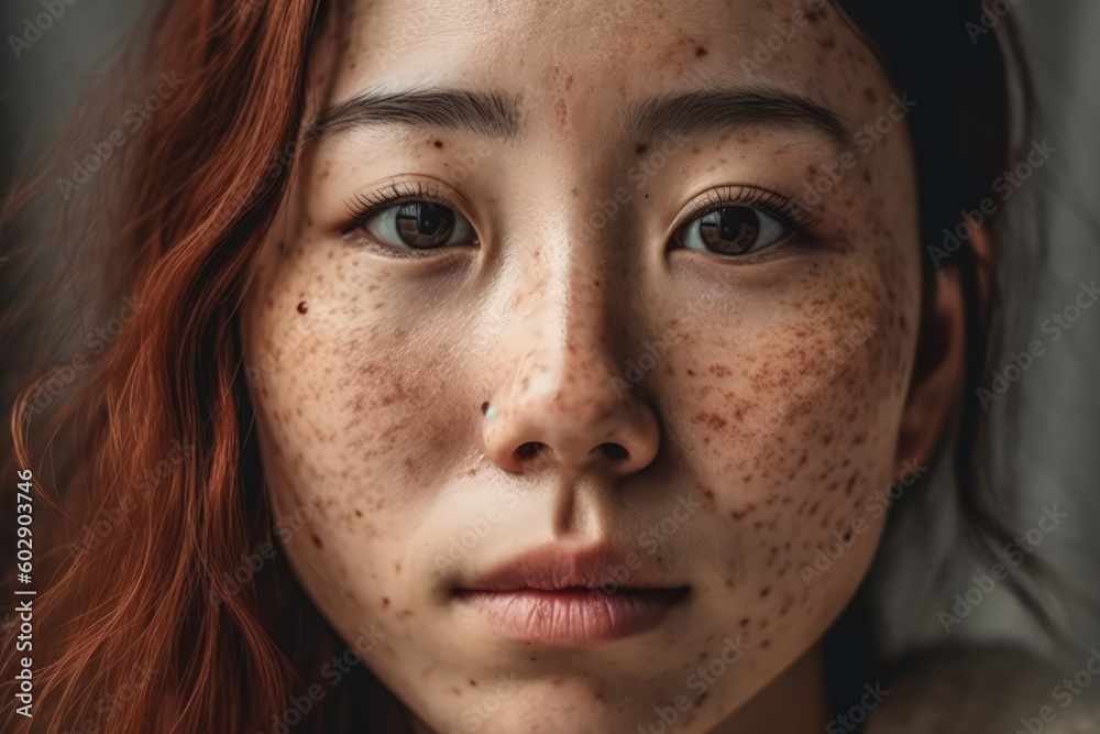 Asian Beauty: Closeup of Young Freckled Asian Female - Generative AI Asian Beauty: Closeup of Young Freckled Asian Female - Generative AI