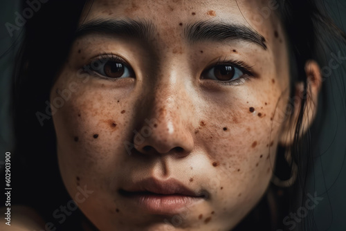 Asian Beauty: Closeup of Young Freckled Asian Female - Generative AI