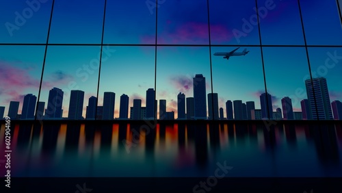 Background of high-rise buildings outside the glass windows of urban office buildings at dawn