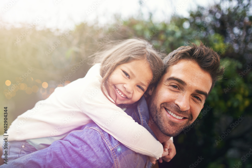 Happy, piggyback and portrait of father and daughter in nature for bonding, laughing or affectionate. Smile, relax and happiness with man carrying young child in park for support, weekend and hugging