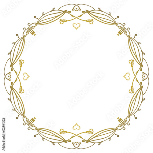 Golden vector wreath - decorative simple design from leaves and hearts. Doodles. outline.