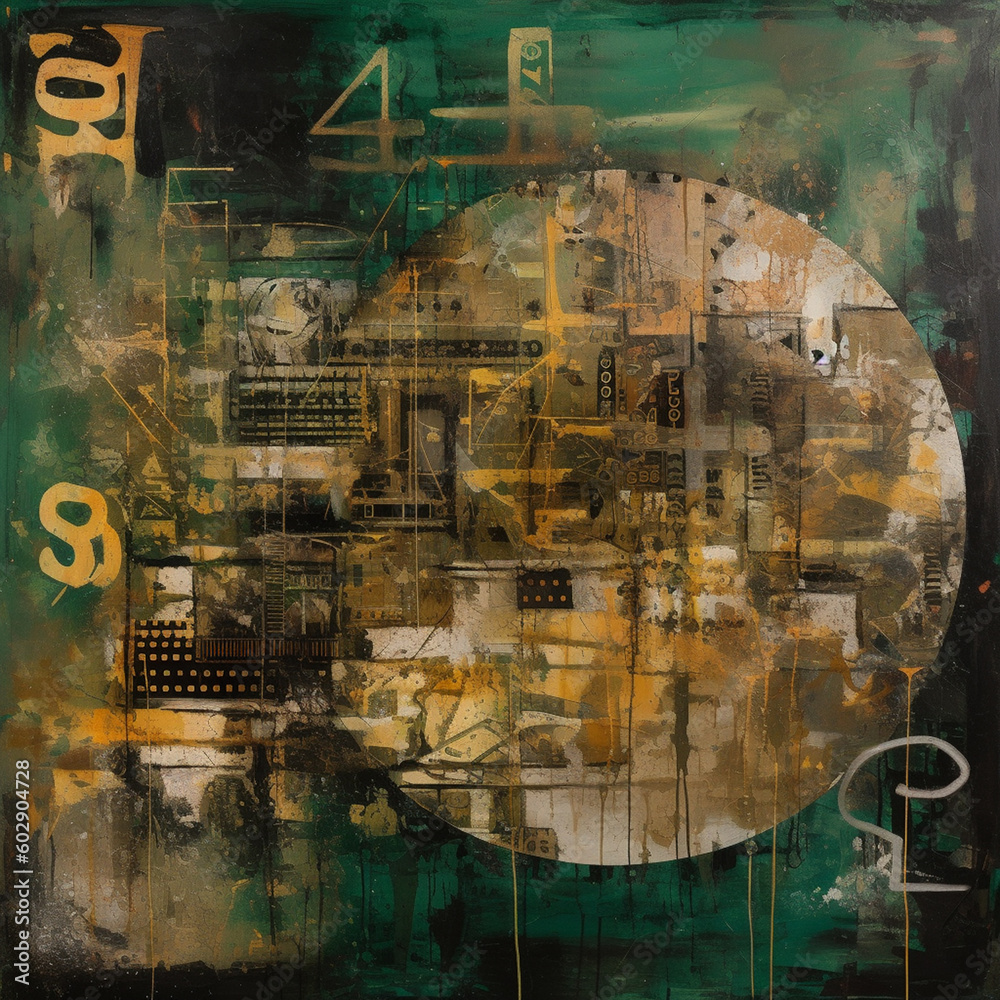 Industrial Elegance A Captivating Fusion of Collages, Paint, and Green-Sepia Palette on a Grand Canvas AI generated