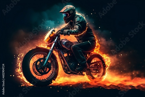 burning motorcycle rider on the road