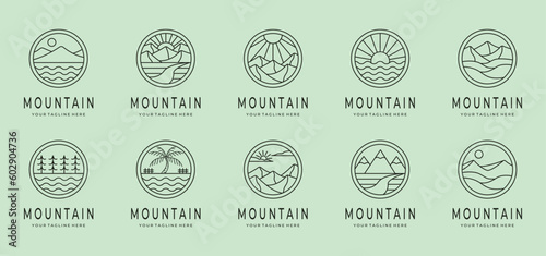 set bundle collection various mountain icon logo vector symbol illustration design, mountain landscape line art design
