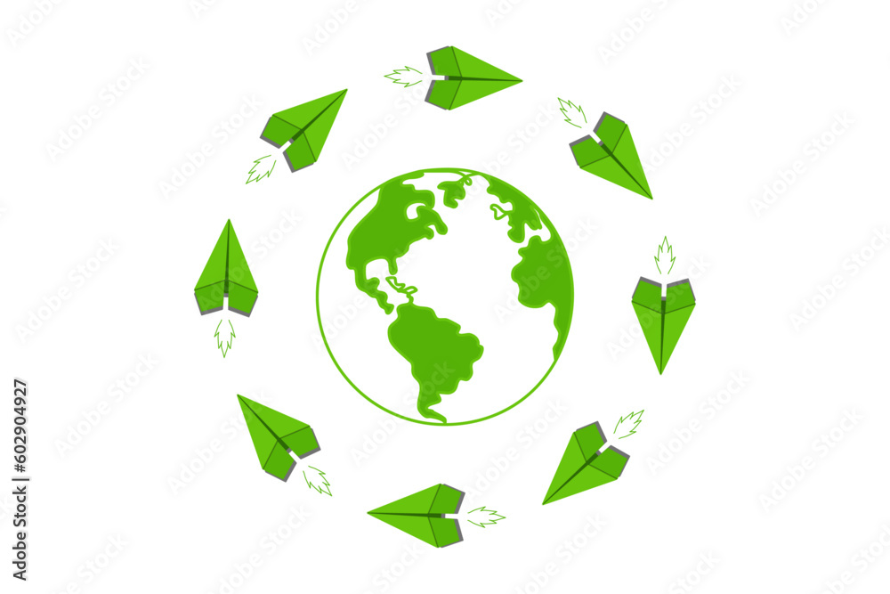 Green paper planes with green world icon, eco-friendly business and environmental concept
