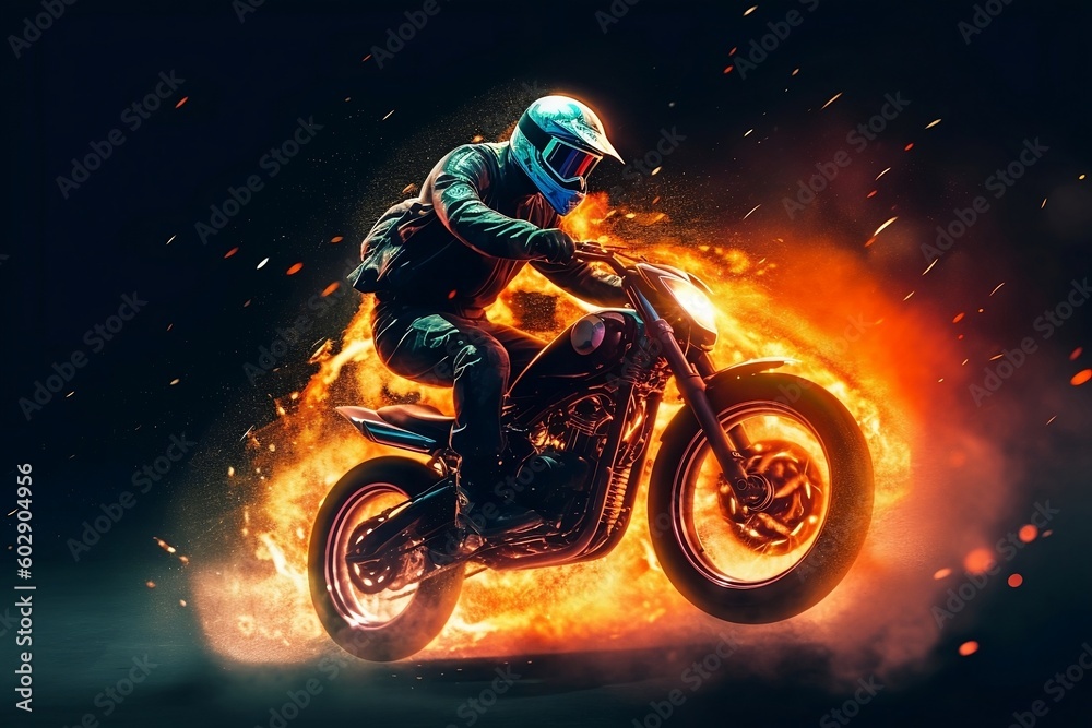 burning motorcycle rider on the road