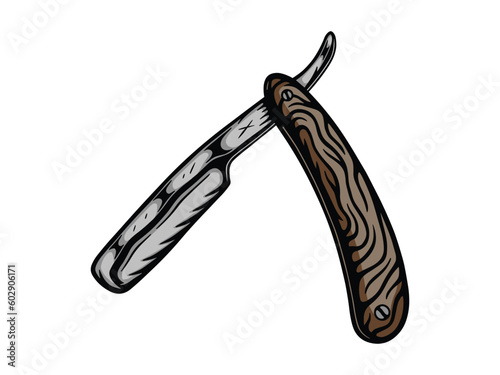 Vintage Retro woodcut linocut engraving barber shop element. Dangerous hand razor blade. Can be used for logo, emblem, badge, mark, poster design. Monochrome Graphic Art. Vector