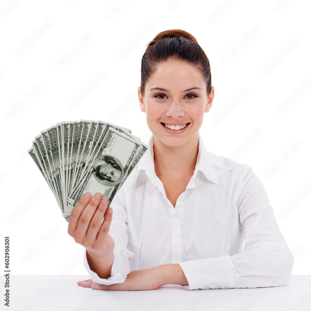 Business woman, cash fan and studio portrait for investment, winning and achievement by white background. Isolated businesswoman, prize money and success for winner with bonus, goal and profit