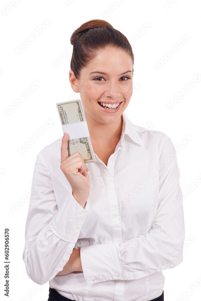 Portrait, dollars and happy woman with money, business revenue or cash bills for studio savings, budget or salary. Bonus, prize winner and person with financial success isolated on white background Portrait, dollars and happy woman with money, business revenue or cash bills for studio savings, budget or salary. Bonus, prize winner and person with financial success isolated on white background