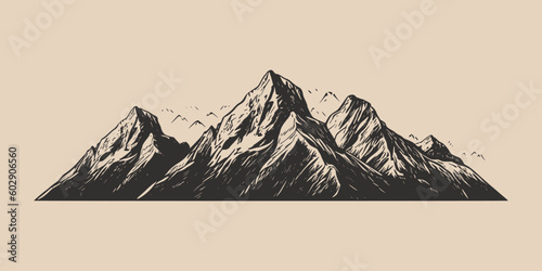 Set of vintage retro engraving style mountain. Can be used for logo, emblem, poster, dadge design. Monochrome Graphic Art. Engraving style. Vector