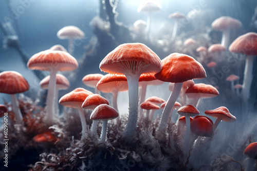 Red mushrooms mycelium glacial hoarfrost. ai