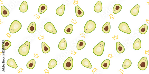 Fototapeta Naklejka Na Ścianę i Meble -  Cute avocado with funny faces and crowns on a white background. Endless texture with kawaii fruit characters. Half an avocado with and without pit. Vector seamless pattern for wrapping paper and print