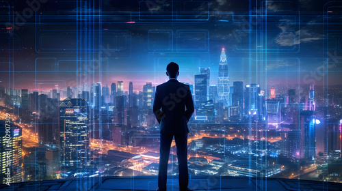 a businessman engaging with a holographic artificial intelligence interface, with a cityscape backdrop 