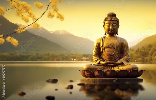 Golden buddha statue on the mountain background with copy space  Generative AI.