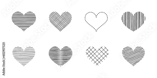 Black and white striped and checkered hearts, isolated on a white background. Different decorative hearts. Love concept. Vector set for holiday greeting card, poster, banner, invitation, cover, print