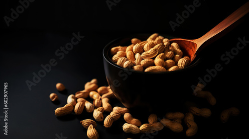 Many roasted peanuts in bowl on background. Food Backdrop. Generative AI