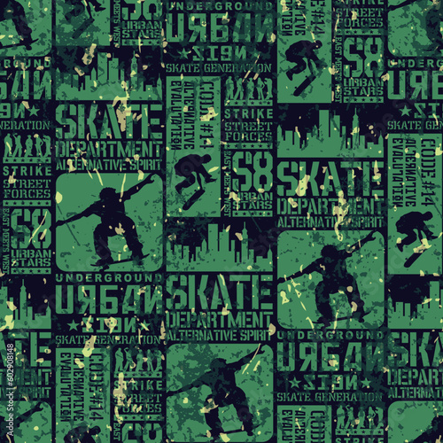 Splatted urban skateboarding silhouette  wallpaper vector seamless pattern for kids street wear grunge effect in separate layers 