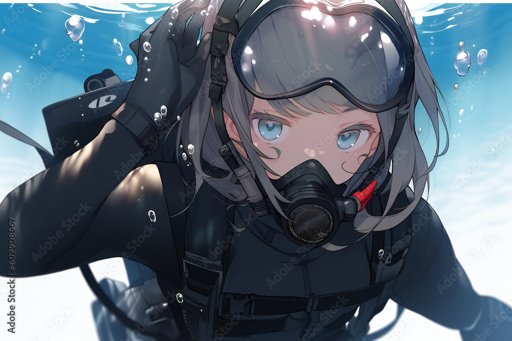 Scuba diving anime girl in a suit with a mask on her head Generative AI Scuba diving anime girl in a suit with a mask on her head Generative AI