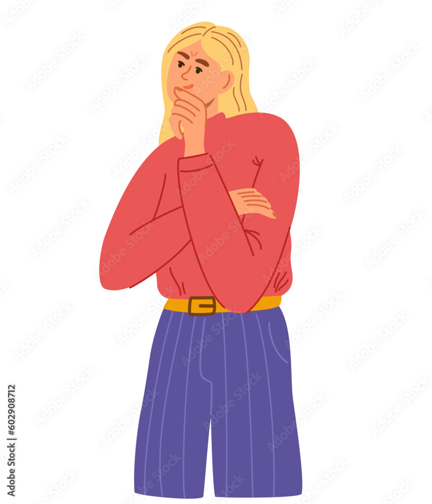 Young female with curious or pensive face, thought. Frustration, doubt and question concept. Flat vector illustration. Person character. Young female with curious or pensive face, thought. Frustration, doubt and question concept. Flat vector illustration. Person character.