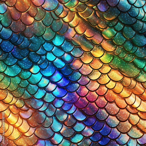 Canvastavla Seamless colorful texture of mermaid or dragon scales with grunge pattern, repti