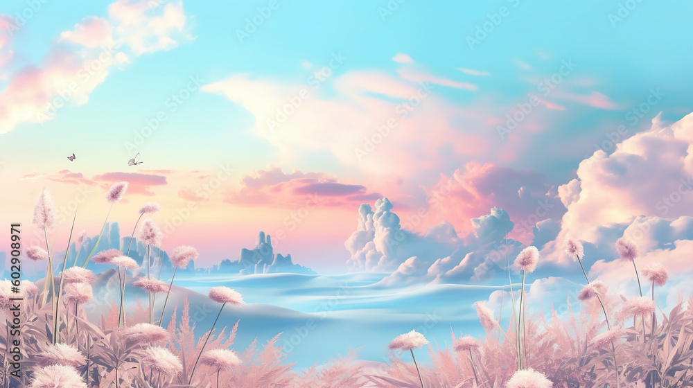 Dreamy pastel surreal landscape wallpaper. AI