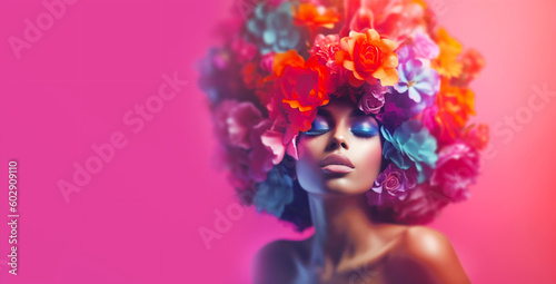 Surreal abstract woman portrait with flowers over head. Bright summer colors.Generative Ai content