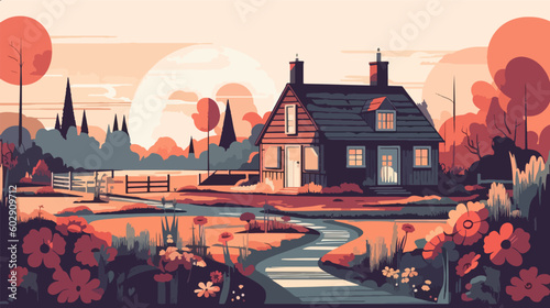 British countryside, English country garden, flat vector illustration, EPS 10.