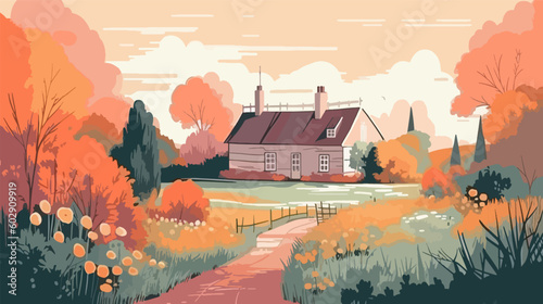 British countryside, English country garden, flat vector illustration, EPS 10.