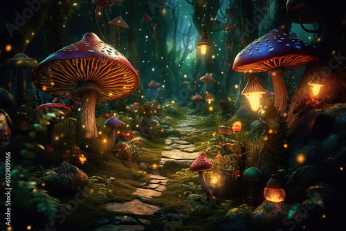 Magical glowing mushrooms in a fabulous forest thicket. Generative AI illustration.