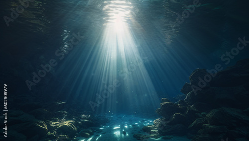 underwater view of a reef with fishes and sun rays shining through the sea water  © Kodjovi