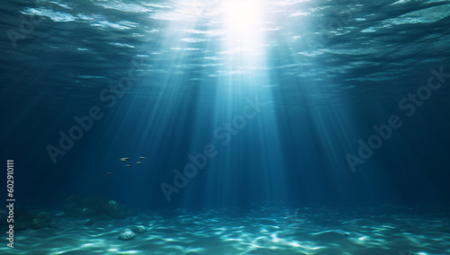 underwater view of a reef with fishes and sun rays shining through the sea water  © Kodjovi