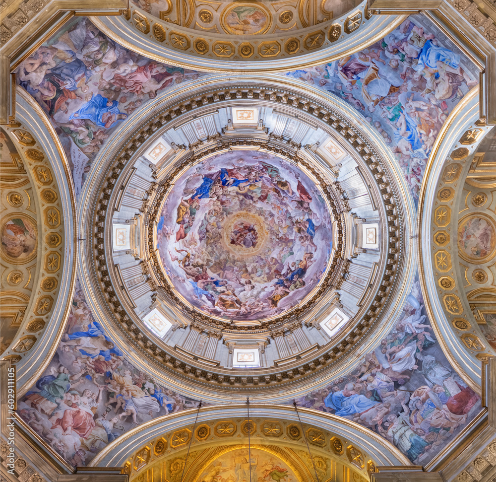 NAPLES, ITALY - APRIL 22, 2023: The central fresco in the Dome of the Royal Chapel of the Treasure of St. Januarius in Cathedral by  Domenichino and Giovanni Lanfranco (1631 - 1643).