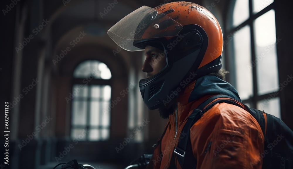 Biker wearing orange motorcycle helmet and jacket, architectural style - created with generative AI technology Biker wearing orange motorcycle helmet and jacket, architectural style - created with generative AI technology