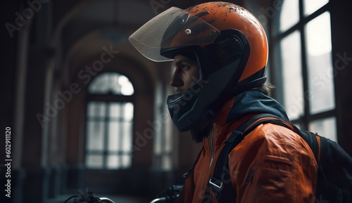 Biker wearing orange motorcycle helmet and jacket, architectural style - created with generative AI technology