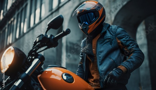 Biker wearing orange motorcycle helmet, architectural style  - created with generative AI technology