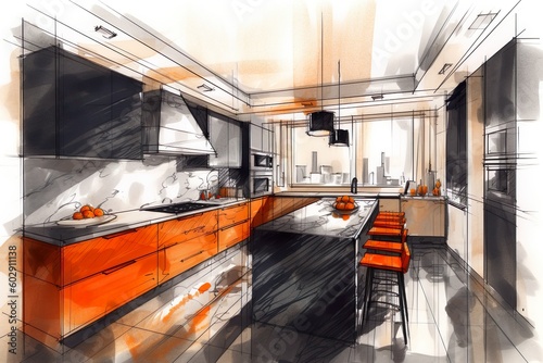 In the warm embrace of natural light, a kitchen comes to life through a captivating sketch, orange, black and white colors - created with generative AI technology